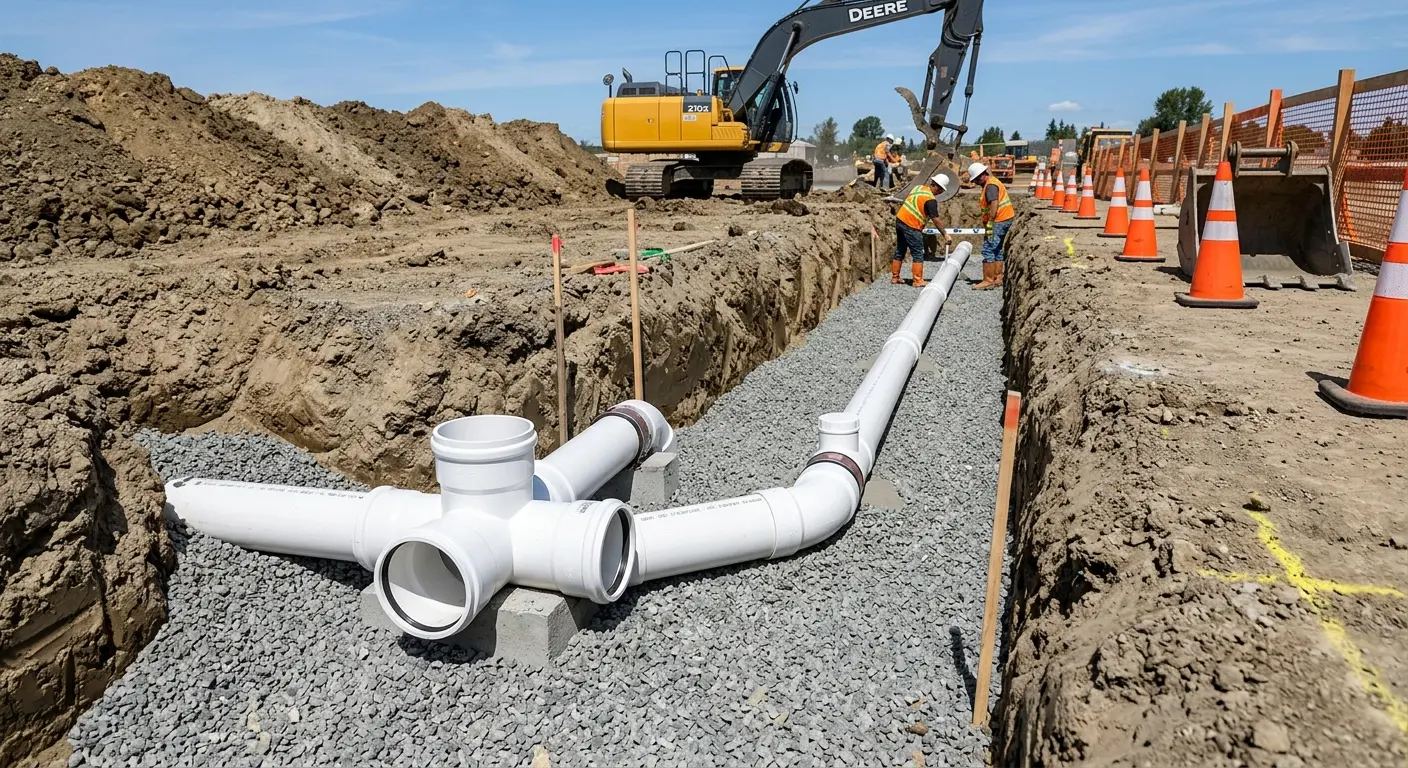 New PVC sewer pipe installation in open trench for Commercial Drain Cleaning in Richmond