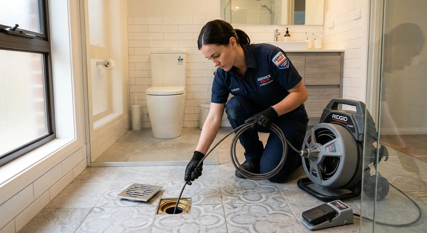 Technician clearing a bathroom floor drain for Clogged Drain Repair in Richmond
